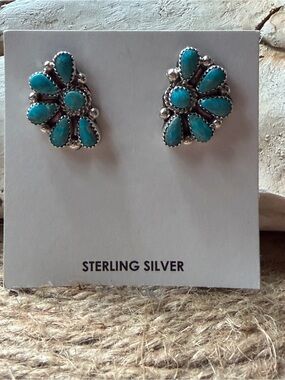 Zuni Alicia Wilson Sterling Silver Turquoise Floral Cluster Stud Earrings